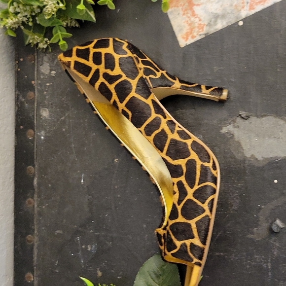 BCBGIRLS Leather Animal Hair Printed Giraffe Open Toe Heel 9 - Picture 7 of 15